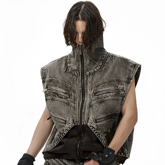 Men's sleeveless denim vest jacket with front zip in cotton fabric
