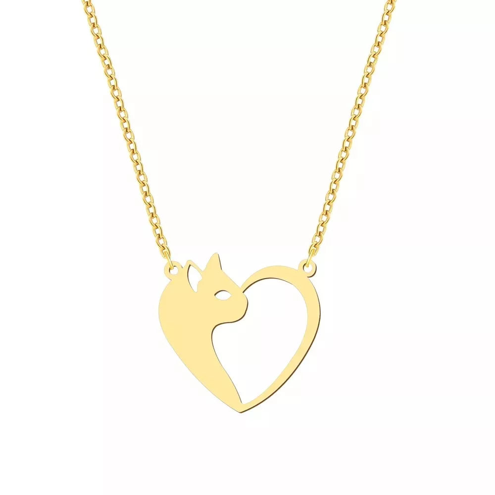 Stainless steel heart cat pendant necklace for women in silver and gold options