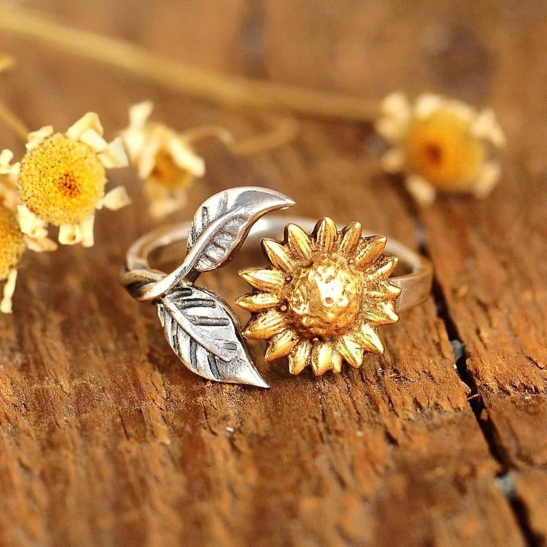 Bohemia Two-tone Sunflower Adjustable Ring for Women with Floral Design
