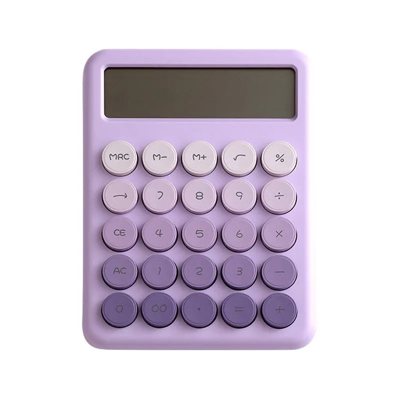 Gradient colour desk calculator with 12-digit display in violet, cherry blossom powder, glacier blue, or mint green options