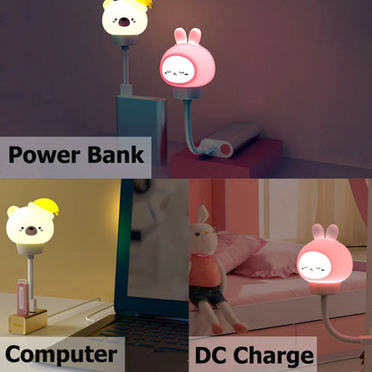 USB portable LED night light with cartoon animal design showing three brightness levels and remote control
