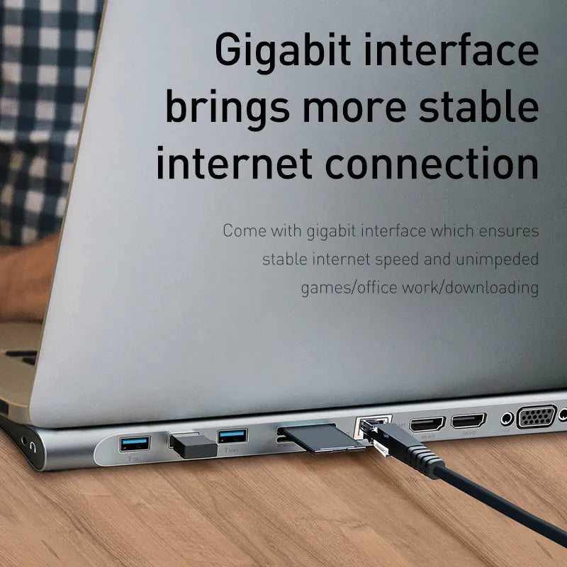 Laptop docking station with cooling bracket providing ten-port connectivity including HDMI and VGA outputs, Gigabit network port conversion hub made from aluminium alloy measuring 45cm long with USB 3.0/2.0/1.0 support for multi-display setups