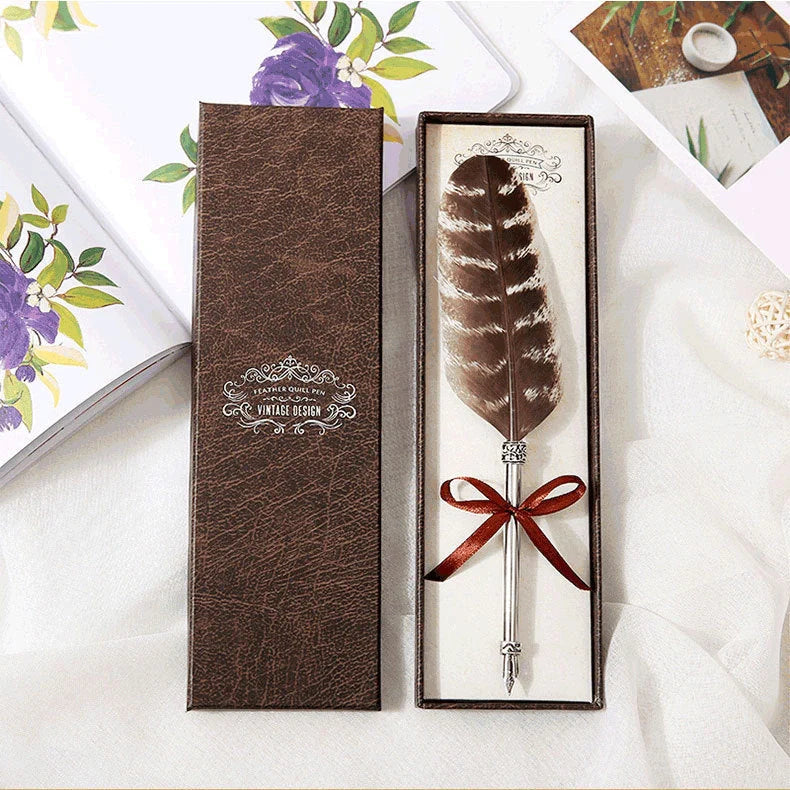 European Retro Feather Pen Gift Box with stainless steel shell and elegant feather design