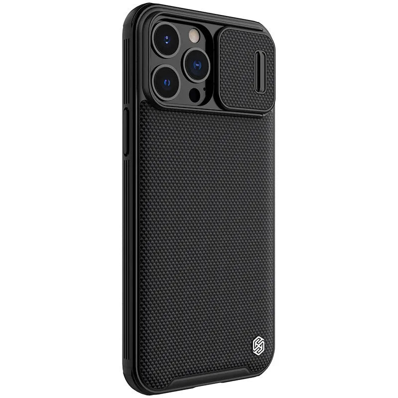 Black textured iPhone 13 Pro Max protective case with PC shell and TPU edge sliding cover