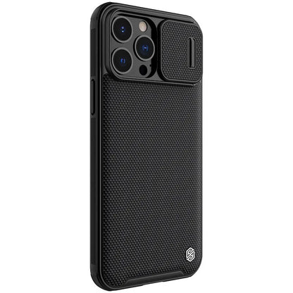 Black textured iPhone 13 Pro Max protective case with PC shell and TPU edge sliding cover