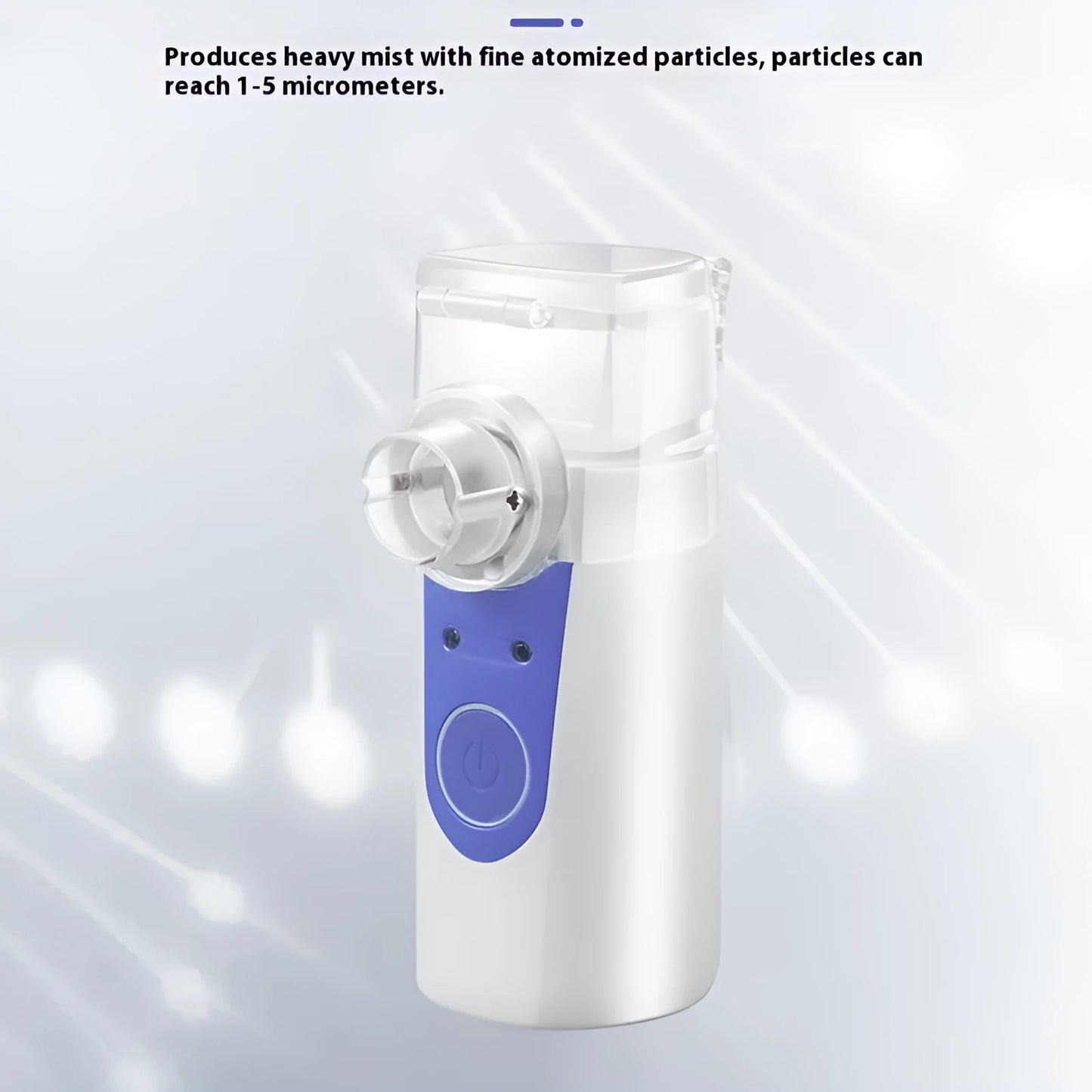 A white columnar handheld USB nebuliser spray machine with a single mist outlet on a table.