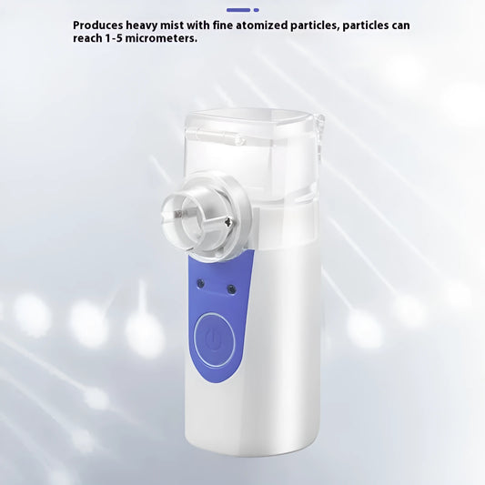 A white columnar handheld USB nebuliser spray machine with a single mist outlet on a table.
