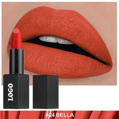 Beauty Does Not Fade matte finish lipstick in nonstick cup packaging, showing range of 24 colour shades.
