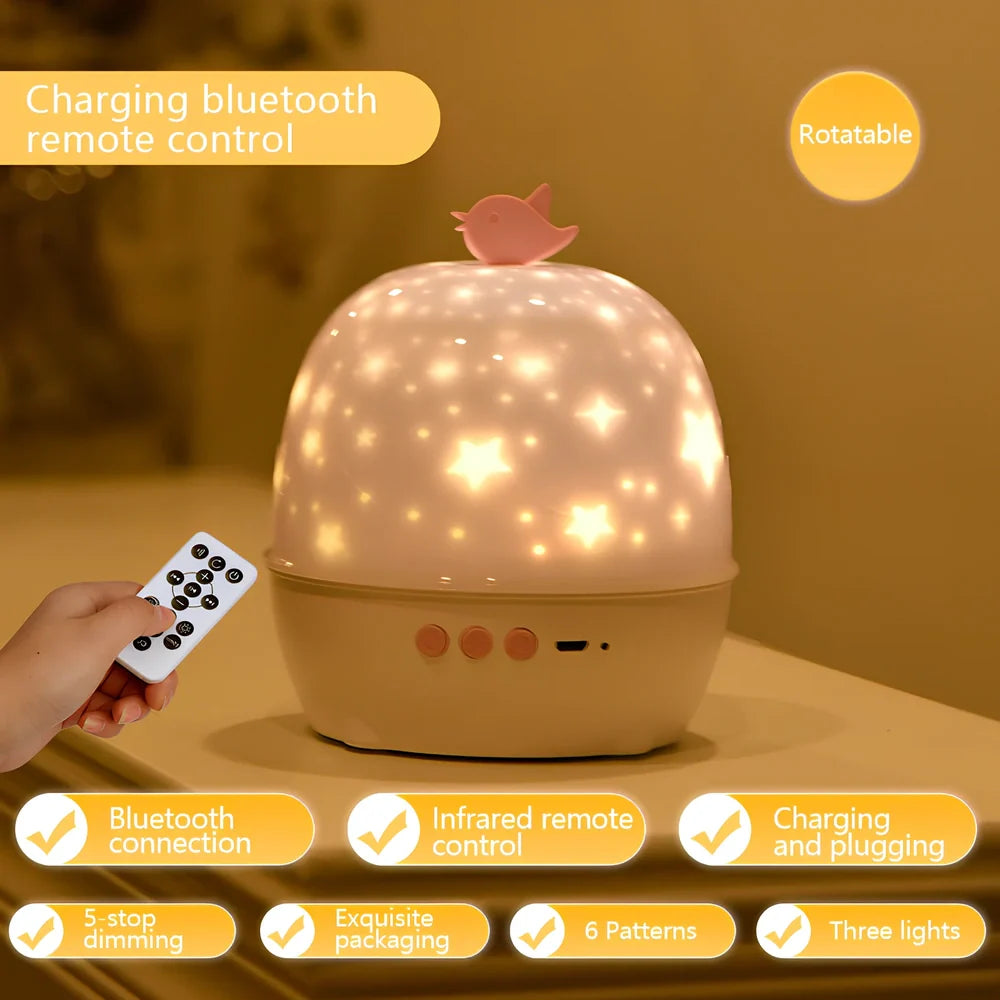 Projection lamp showing constellation pattern with Bluetooth speaker and remote control
