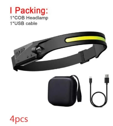 Black silicone USB rechargeable headlamp with a wide COB LED lens and a side wave sensor.