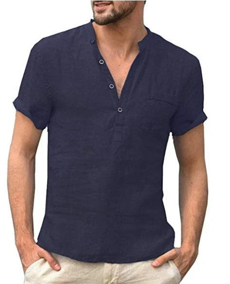 Men's casual linen V-neck short sleeve shirt in various colors for summer