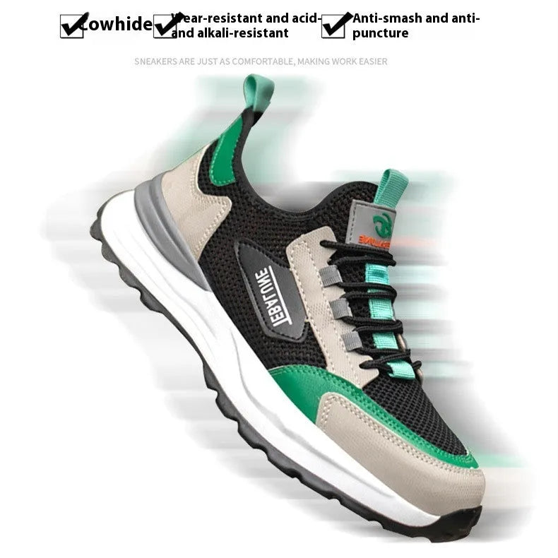 Men's black-green mesh work shoes with plastic steel toe protection and slip-on design