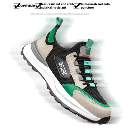 Men's black-green mesh work shoes with plastic steel toe protection and slip-on design