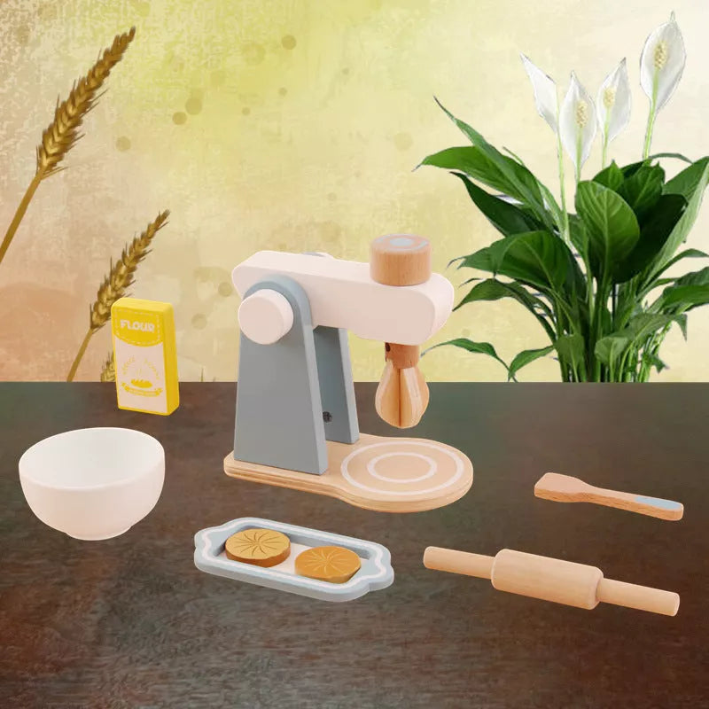 Wooden children's playhouse toys with Maca Dragon design, including kitchen-themed pieces for imaginative play