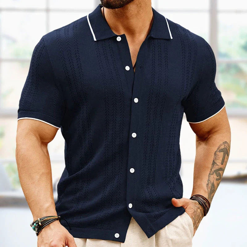 A stylish short-sleeve polo shirt made with premium Tencel fabric, featuring a unique flocked design and a variety of classic color options.