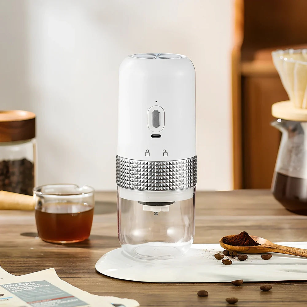 Electric coffee grinder in bright yellow, calm grey, elegant black, or elegant white with 25g bean capacity and TYPE-C charging port