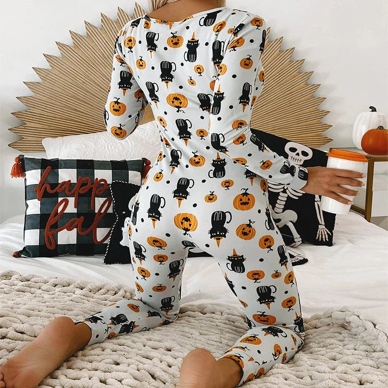 Spooktacular Halloween jumpsuit with unique printed design and relaxed, comfortable fit
