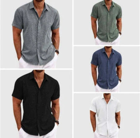 A versatile linen shirt in various colors, featuring a standing collar and short sleeves for a modern, tailored look.