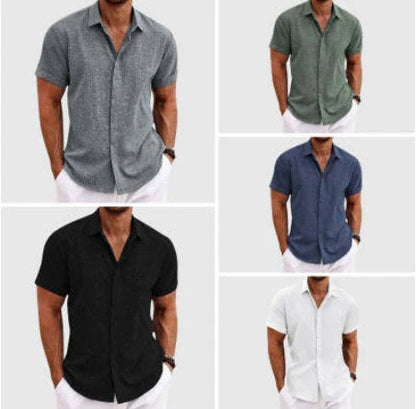 A versatile linen shirt in various colors, featuring a standing collar and short sleeves for a modern, tailored look.