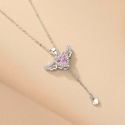 Captivating Cupid Heart Necklace with Fluttering Angel Wings, Crafted from Premium Titanium Steel and Adorned with Shimmering Zircon Crystals