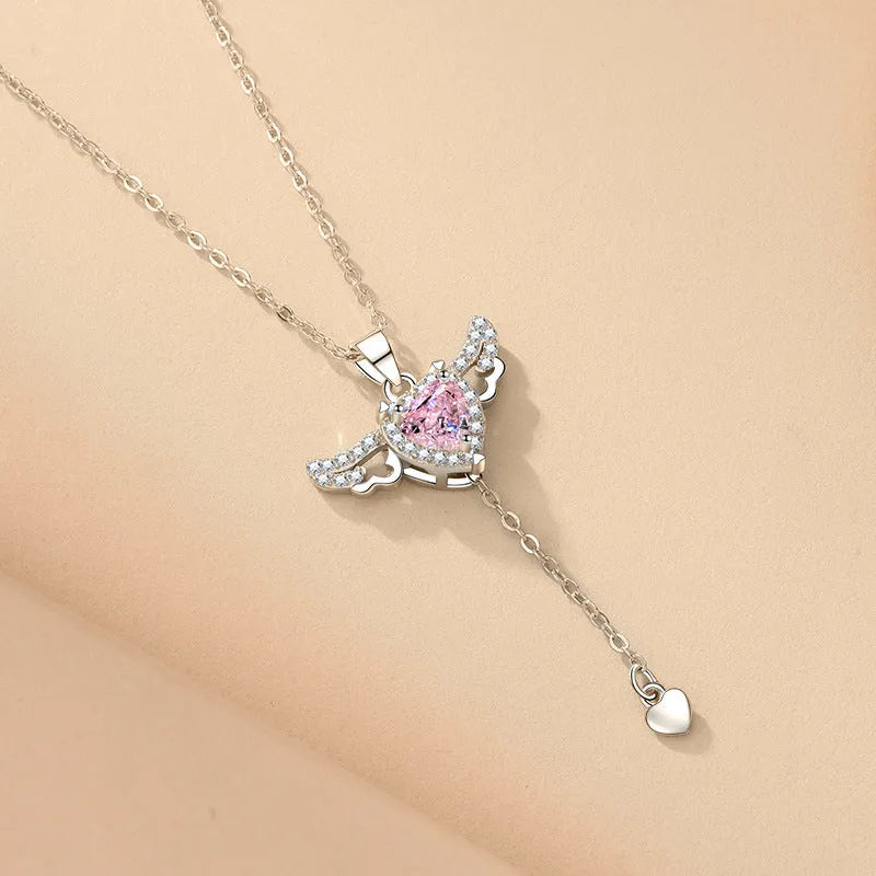 Cupid heart angel wings necklace with titanium steel, zircon crystal and 41-50cm O-shaped chain in silver or gold