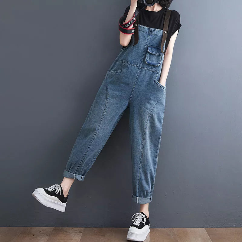 Women's Korean Spot Strap Spring Jeans in black and blue, high waist with multiple pockets