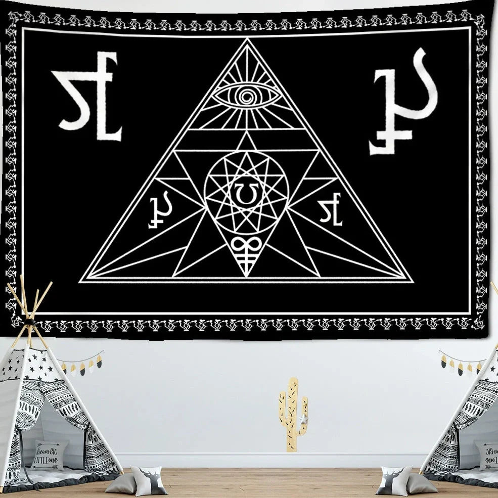 Rectangular skull tapestry with geometric pattern in Nordic style, machine-woven polyester construction