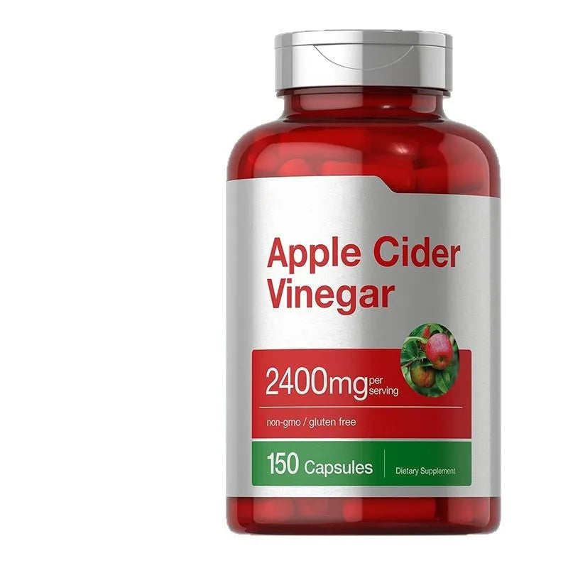 Apple cider vinegar capsules in container showing 150 tablets, dietary supplement for general wellness