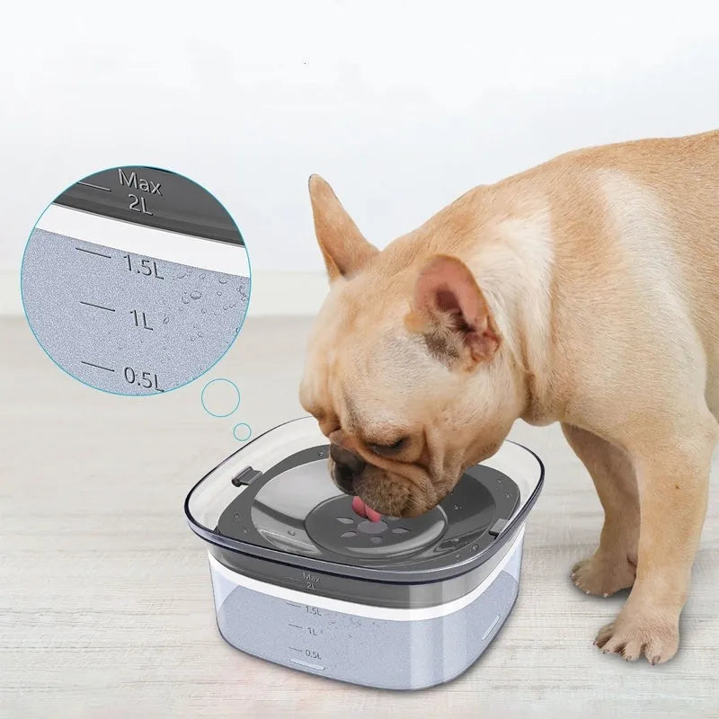Large capacity dog water bowl with 70oz/2L transparent design, visible water level indicator, slow drinking floating disk, and anti-spill non-slip base for medium to large dogs and multi-pet households
