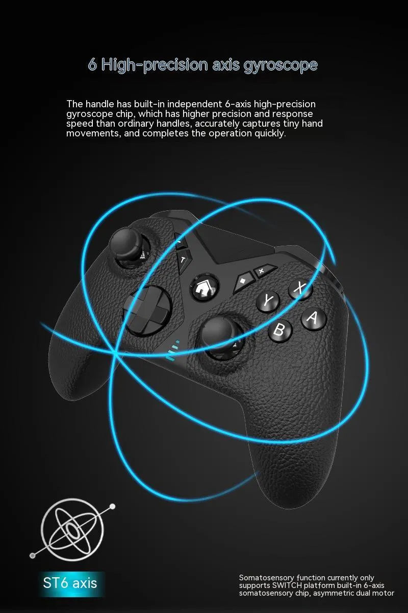 Black wireless game controller with leather-textured ABS plastic body, showing dimensions and Type-C port