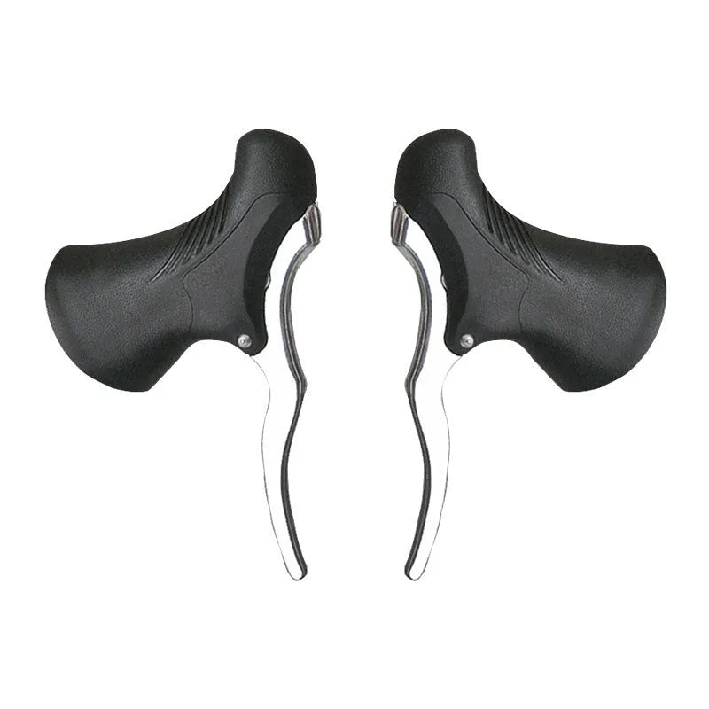 Pair of aluminium alloy road bicycle brake levers in black, shown next to a ruler indicating 22.2mm and 23.8mm measurements.