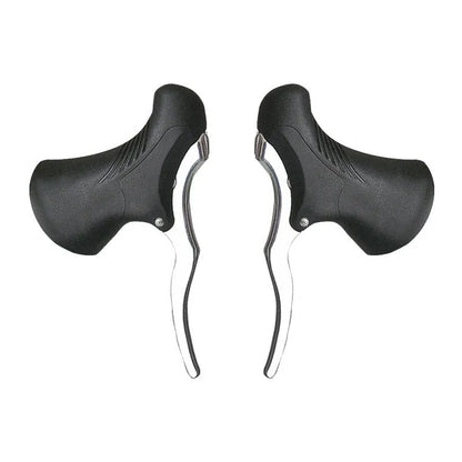 Pair of aluminium alloy road bicycle brake levers in black, shown next to a ruler indicating 22.2mm and 23.8mm measurements.