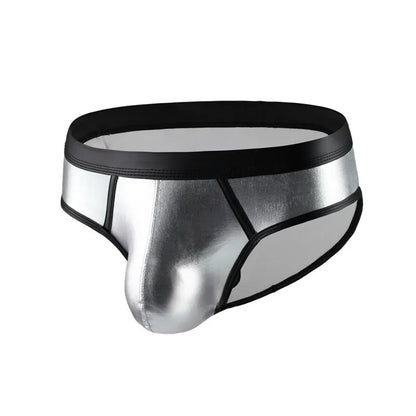 Men's low-waist bikini swim briefs in patent leather gold, red, or silver colours with body-shaping polyester construction