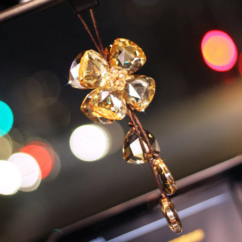 Crystal four leaf grass car interior pendant in transparent, champagne, black, or shiny finish, approximately 20cm long.