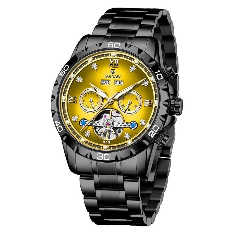 Men's automatic mechanical watch with stainless steel strap and mineral glass face in business style