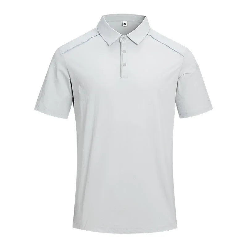 Men's quick-drying polo shirt crafted from a breathable nylon chemical fibre blend, a thin, regular-fit short-sleeved top with side slit detail ideal for summer wear, available in classic black, dark navy blue, silver white grey, and sky grey