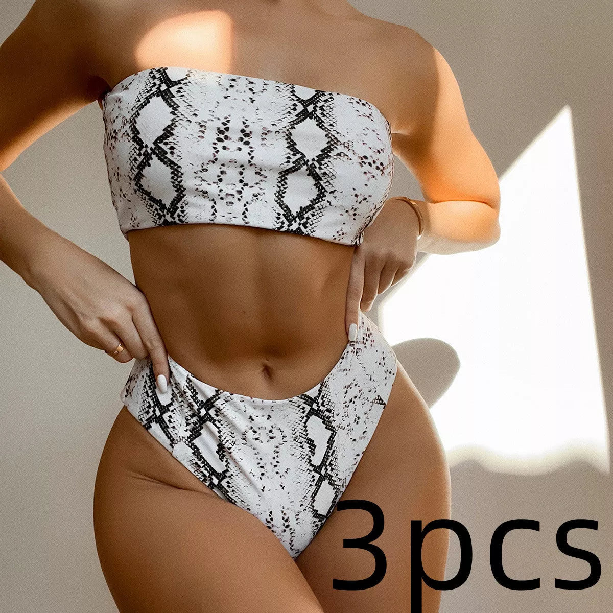 Snake print bandeau bikini with high waist design for summer swimwear