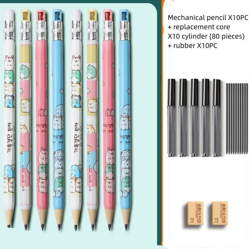 Set of colourful cartoon-designed children's mechanical pencils with 2B lead cylinders and erasers