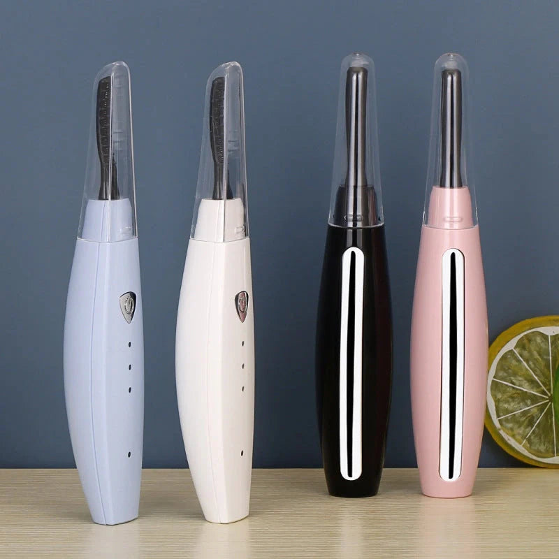 USB rechargeable electric heated eyelash curler in white, pink, black, and blue options