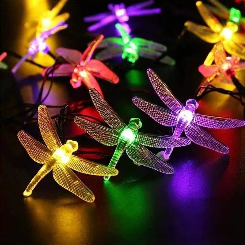 Solar butterfly dragonfly string lights in garden with IP65 protection, multiple lengths and warm or colour light options