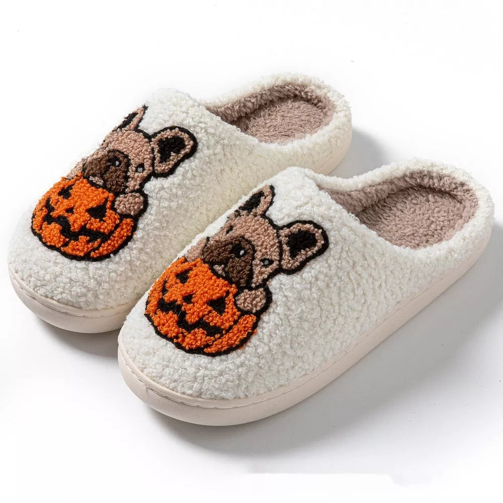 Halloween Pumpkin House Slippers in white and black with non-slip soles