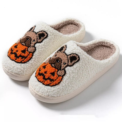 Halloween Pumpkin House Slippers in white and black with non-slip soles