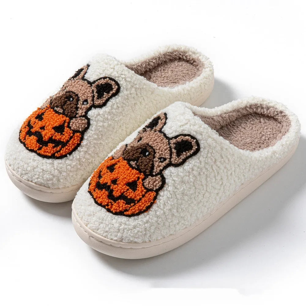 Halloween pumpkin house pattern slippers with non-slip rubber soles in black and white colour options
