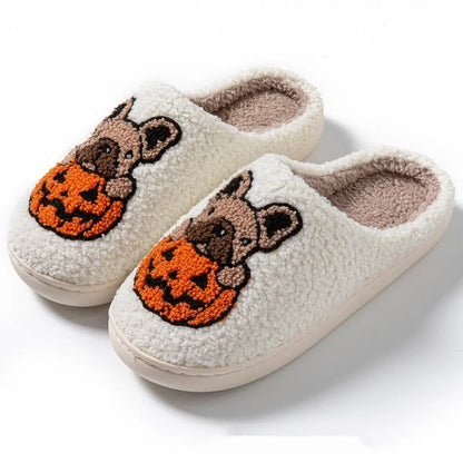 Halloween pumpkin house pattern slippers with non-slip rubber soles in black and white colour options