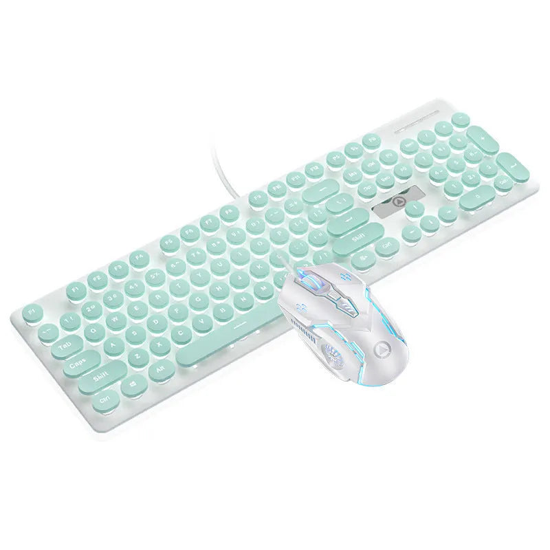 Punk mechanical feel keyboard with backlight in mint green, pink, or black blue light colours, measuring 44cm wide