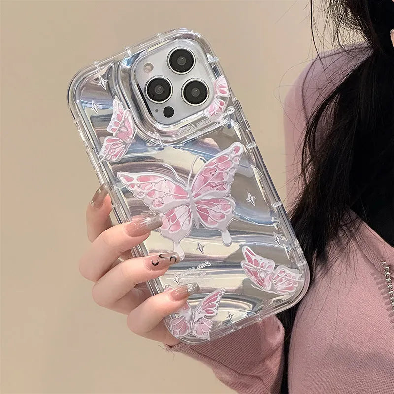 Phantom Painted Butterfly iPhone case in transparent TPU with mirror plate and bow detail