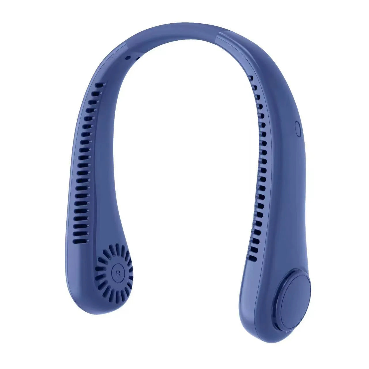 White rechargeable neck fan worn around neck with bladeless design and USB charging