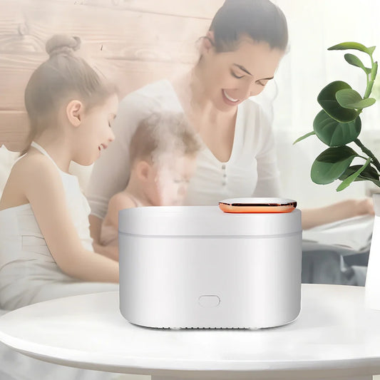 White ultrasonic aroma diffuser measuring 13.5x8x9cm with 200ml capacity and RGB lighting