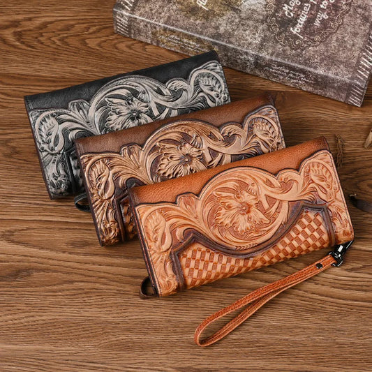 Chinese style embossed tri-fold wallet in retro brown with floral pattern, showing 19.5cm length and cowhide material