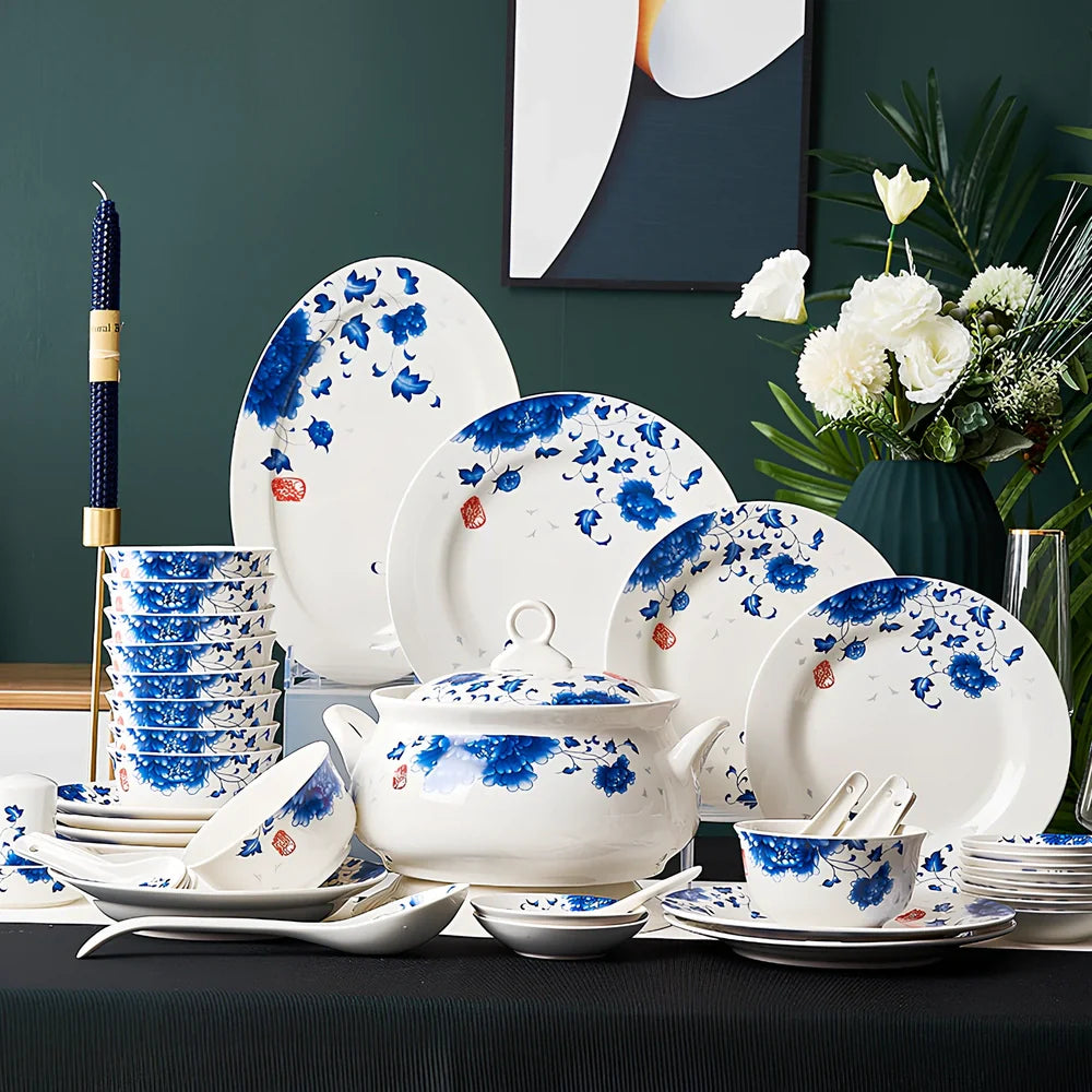 Bone china bowl and saucer set with overglaze rim patterns in Swan Lake design, 28-head configuration